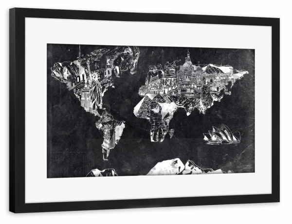 Poster mit Rahmen schwarz "World map landmarks collage 3" artboxONE - Comic,Abstrakt,Schwarzweiß,Kartografie
