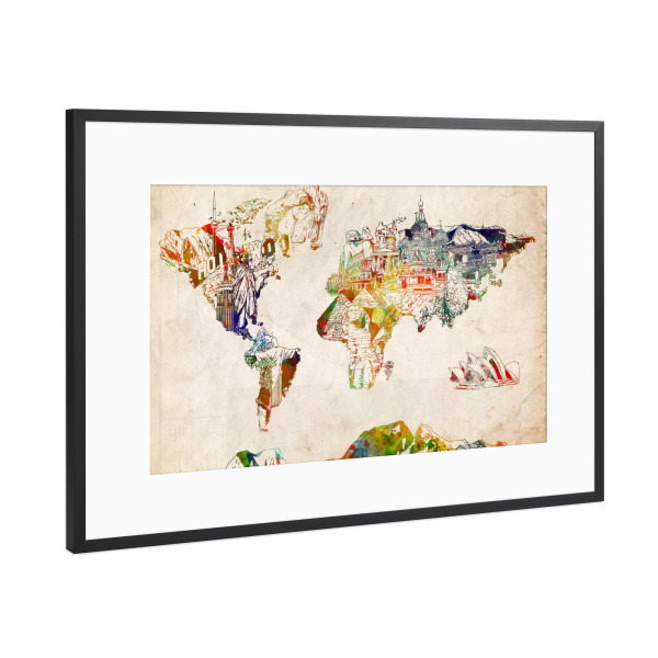 Poster mit Rahmen Schwarz (Metallic) "World map landmarks collage 2" artboxONE - Abstrakt,Kartografie