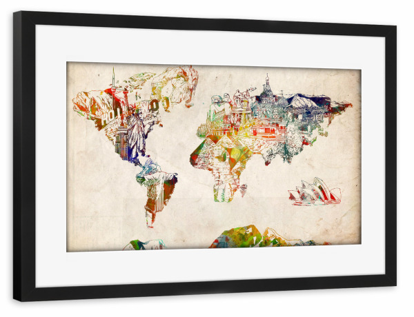 Poster mit Rahmen schwarz "World map landmarks collage 2" artboxONE - Abstrakt,Kartografie