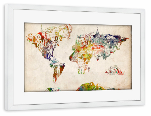 Poster mit Rahmen weiß "World map landmarks collage 2" artboxONE - Abstrakt,Kartografie