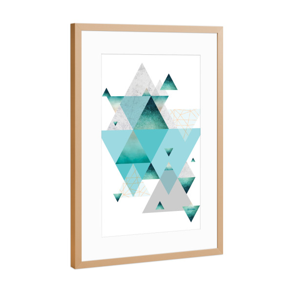 Poster mit Rahmen Kupfer "Geometric Arrangement" artboxONE - Geometrie - Geometrisch,Dreiecke,Türkis,Hellblau,Aqua,Grau