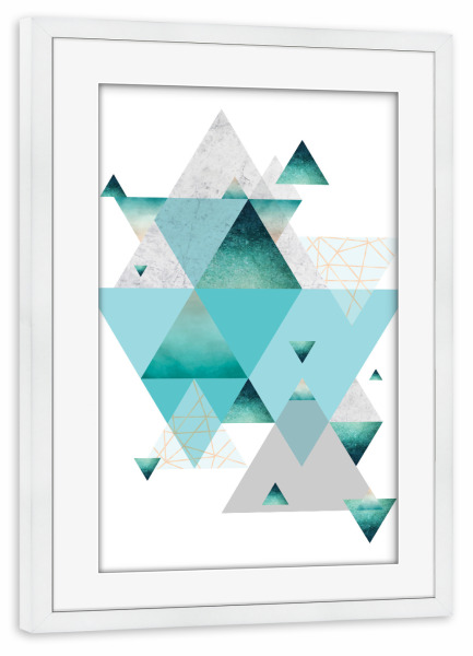 Poster mit Rahmen weiß "Geometric Arrangement" artboxONE - Geometrie - Geometrisch,Dreiecke,Türkis,Hellblau,Aqua,Grau