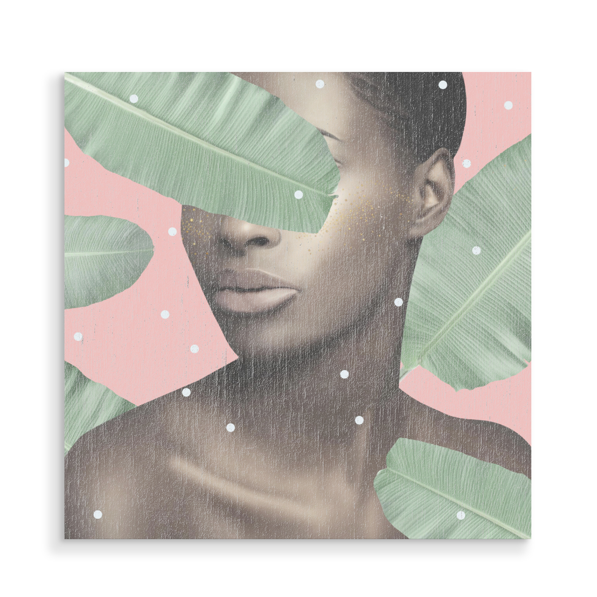 Holzbild "Musa" artboxONE - Floral,Menschen - Floral,Blätter,Blumig,Pastell,Pastel,Black beauty,Polka dots,High fashion,Bananenblätter,Frau,Dame,Boho