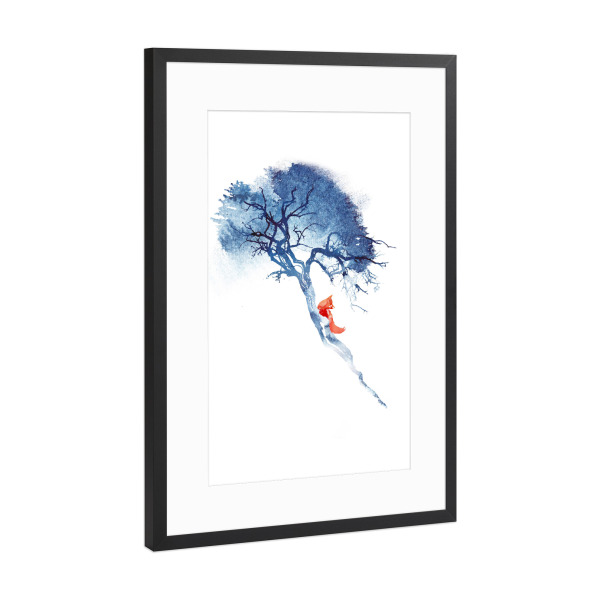 Poster mit Rahmen Schwarz (Metallic) "There's no way back" artboxONE - Natur,Tiere - Fuchs,Fuchs,Baum,Baum,Blau,Blau