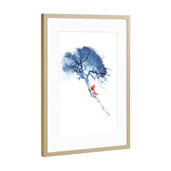 Poster mit Rahmen Gold "There's no way back" artboxONE - Natur,Tiere - Fuchs,Fuchs,Baum,Baum,Blau,Blau