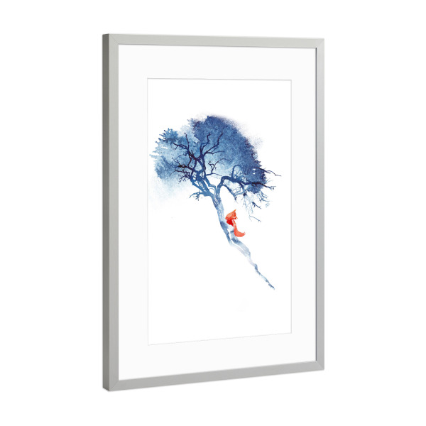 Poster mit Rahmen Silber "There's no way back" artboxONE - Natur,Tiere - Fuchs,Fuchs,Baum,Baum,Blau,Blau