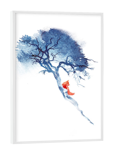 Poster mit weißem Rahmen "There's no way back" artboxONE - Natur,Tiere - Fuchs,Fuchs,Baum,Baum,Blau,Blau