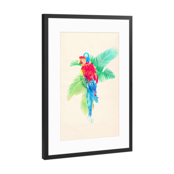 Poster mit Rahmen Schwarz (Metallic) "Tropical party" artboxONE - Natur,Tiere,Musik - Papagei,Papagei,Kopfhörer,Kopfhörer,Vogel,Vogel