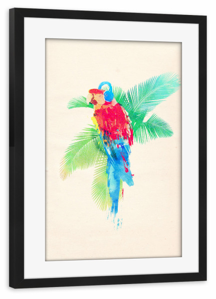 Poster mit Rahmen schwarz "Tropical party" artboxONE - Natur,Tiere,Musik - Papagei,Papagei,Kopfhörer,Kopfhörer,Vogel,Vogel