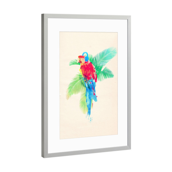 Poster mit Rahmen Silber "Tropical party" artboxONE - Natur,Tiere,Musik - Papagei,Papagei,Kopfhörer,Kopfhörer,Vogel,Vogel