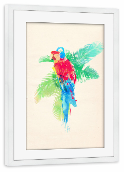 Poster mit Rahmen weiß "Tropical party" artboxONE - Natur,Tiere,Musik - Papagei,Papagei,Kopfhörer,Kopfhörer,Vogel,Vogel