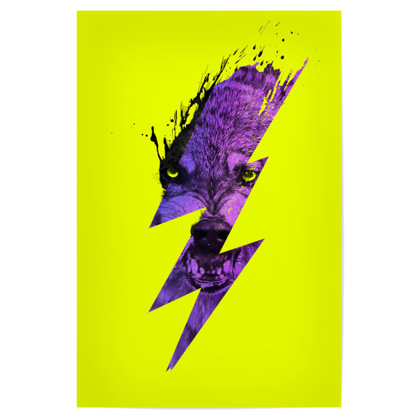 Poster 30x20 cm "Thunderwolf" artboxONE - Natur,Tiere - Wolf,Streik,Blitz,Pop art,Gelb,Lila