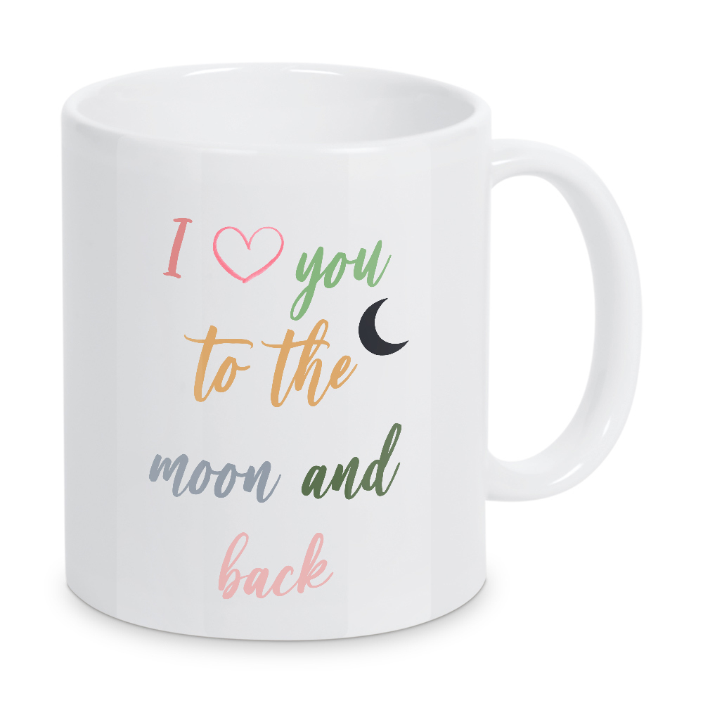 Tasse "To the moon and back - bunt" artboxONE - Typografie,Menschen,Liebe - Typo,Typografie,Bunt,Liebe,Paar,Beziehung,Lustig,Mond,Herz
