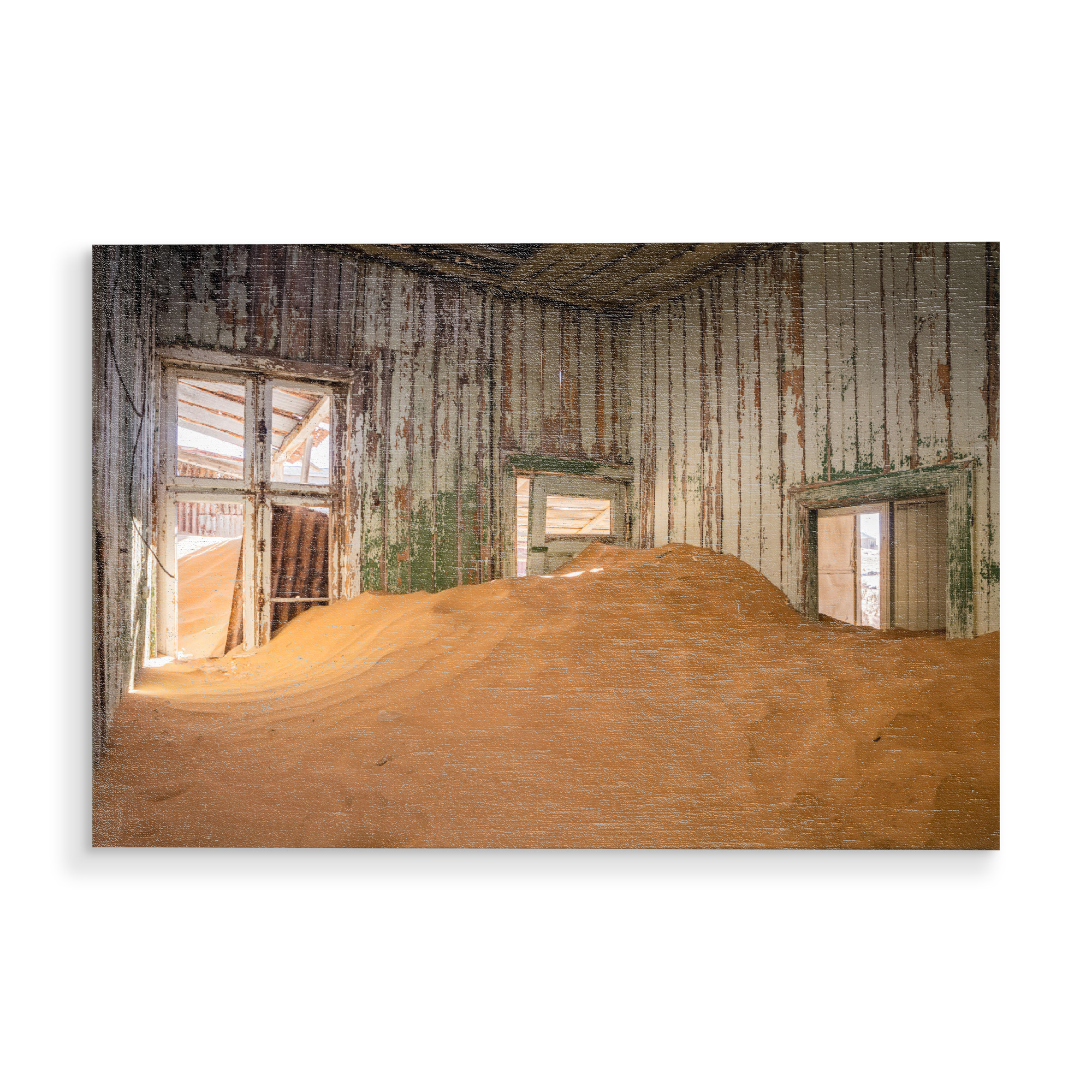 Holzbild "Lounge" artboxONE - Städte,Natur,Abstrakt,Architektur,Stillleben,Reise / Länder - Haus,Verlassen,Düne,Sand,Zerfallen,Zeitlos,Stillleben,Warm