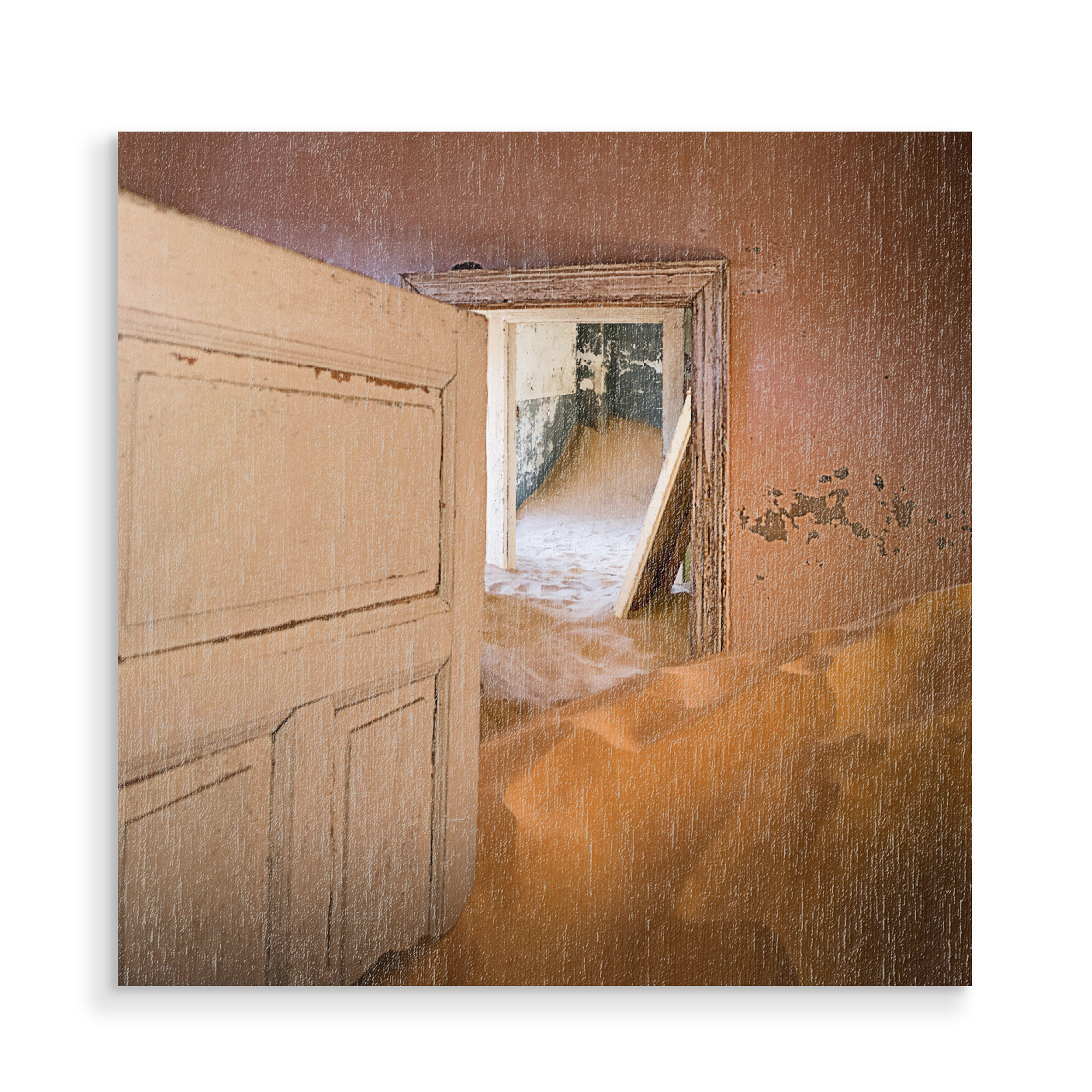 Holzbild "Study room" artboxONE - Städte,Natur,Reise,Abstrakt,Architektur,Reise / Länder - Haus,Verlassen,Düne,Sand,Zerfallen,Zeitlos,Stillleben,Warm