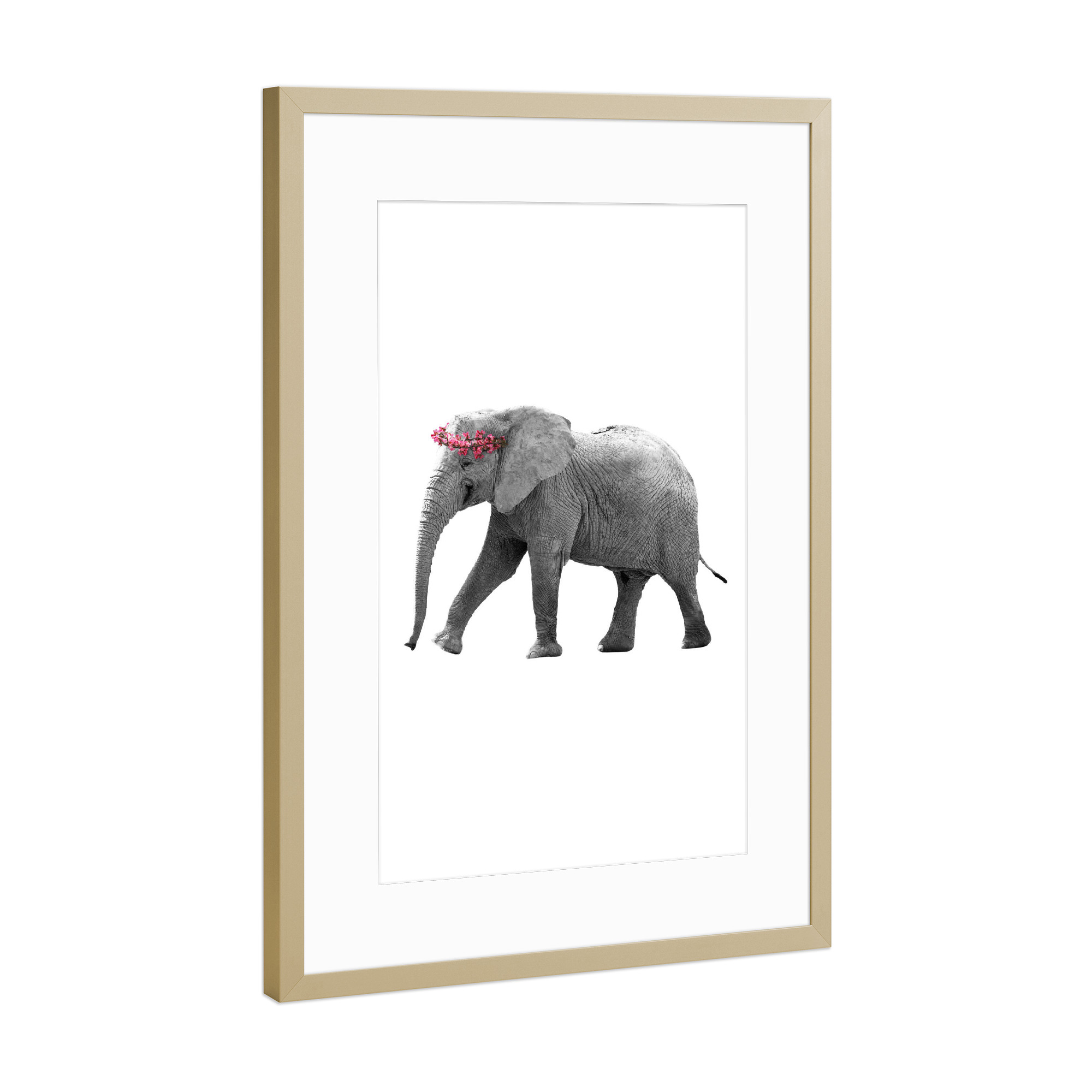 Poster mit Rahmen Gold "Dressy Elephant" artboxONE - Floral,Tiere,Schwarzweiß - Tier,Elefant,Elefant,Tier,Montage,Blumenkranz,Blume,Blume,Blumen