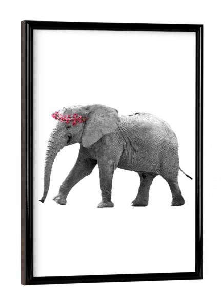 Poster mit schwarzem Rahmen "Dressy Elephant" artboxONE - Floral,Tiere,Schwarzweiß - Tier,Elefant,Elefant,Tier,Montage,Blumenkranz,Blume,Blume,Blumen