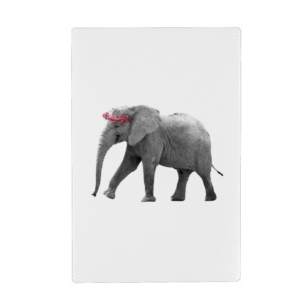Metall Poster "Dressy Elephant" artboxONE - Floral,Tiere,Schwarzweiß - Tier,Elefant,Elefant,Tier,Montage,Blumenkranz,Blume,Blume,Blumen - Blechschild