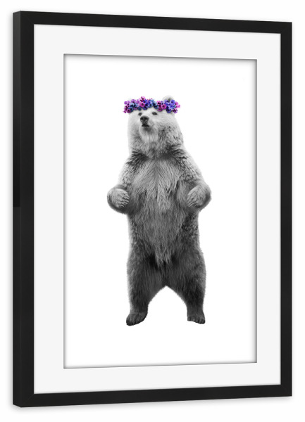 Poster mit Rahmen schwarz "Dressy Bear" artboxONE - Floral,Tiere,Schwarzweiß - Tier,Bär,Bär,Tier,Montage,Blumenkranz,Blume,Blume,Blumen