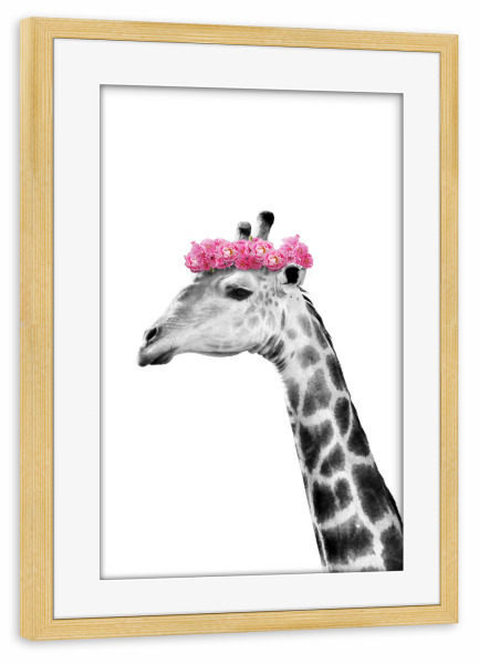 Poster mit Rahmen kiefer "Dressy Giraffe" artboxONE - Floral,Tiere,Schwarzweiß - Tier,Giraffe,Blumenkranz,Blumen