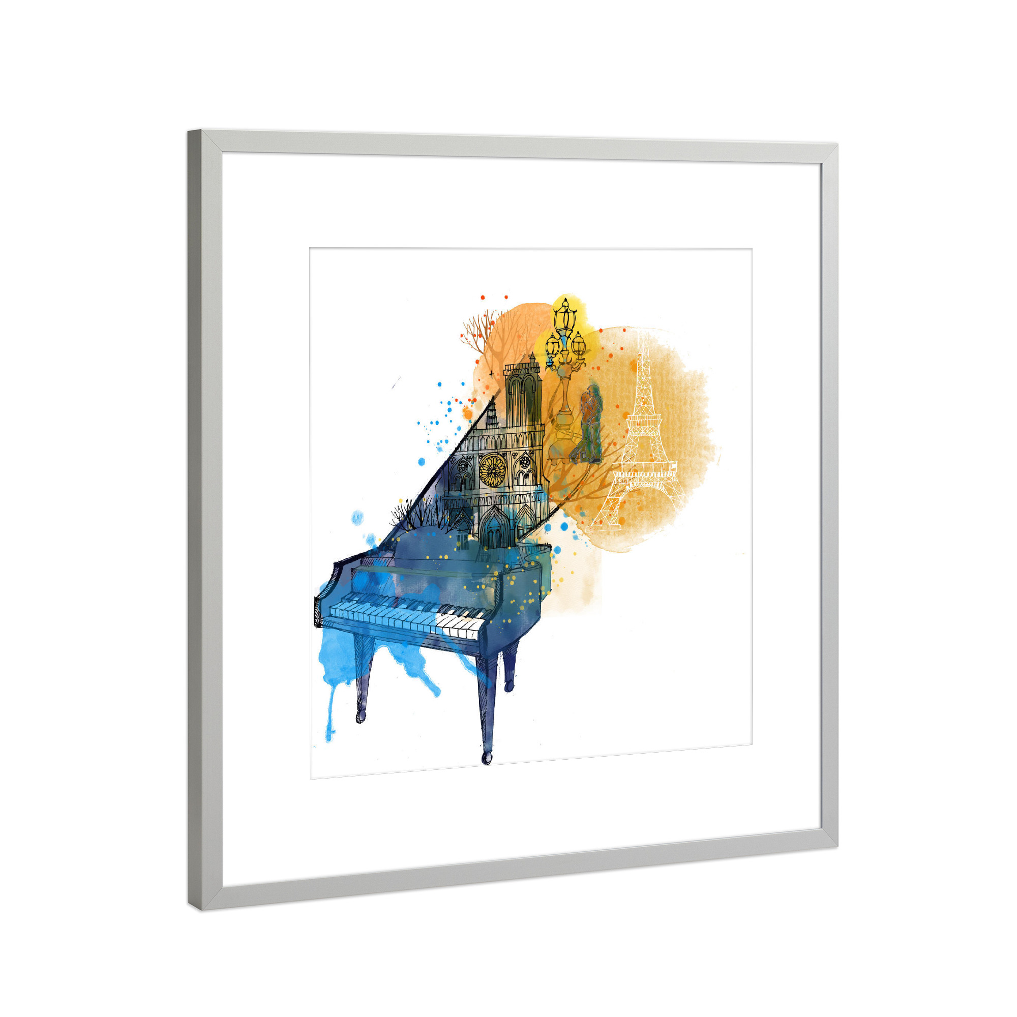 Poster mit Rahmen Silber "Paris Musik" artboxONE - Reise,Musik,Liebe,Reise / Länder,Fiktion - Paris,Misik,Klavier,Illustration,Liebe,Aquarell