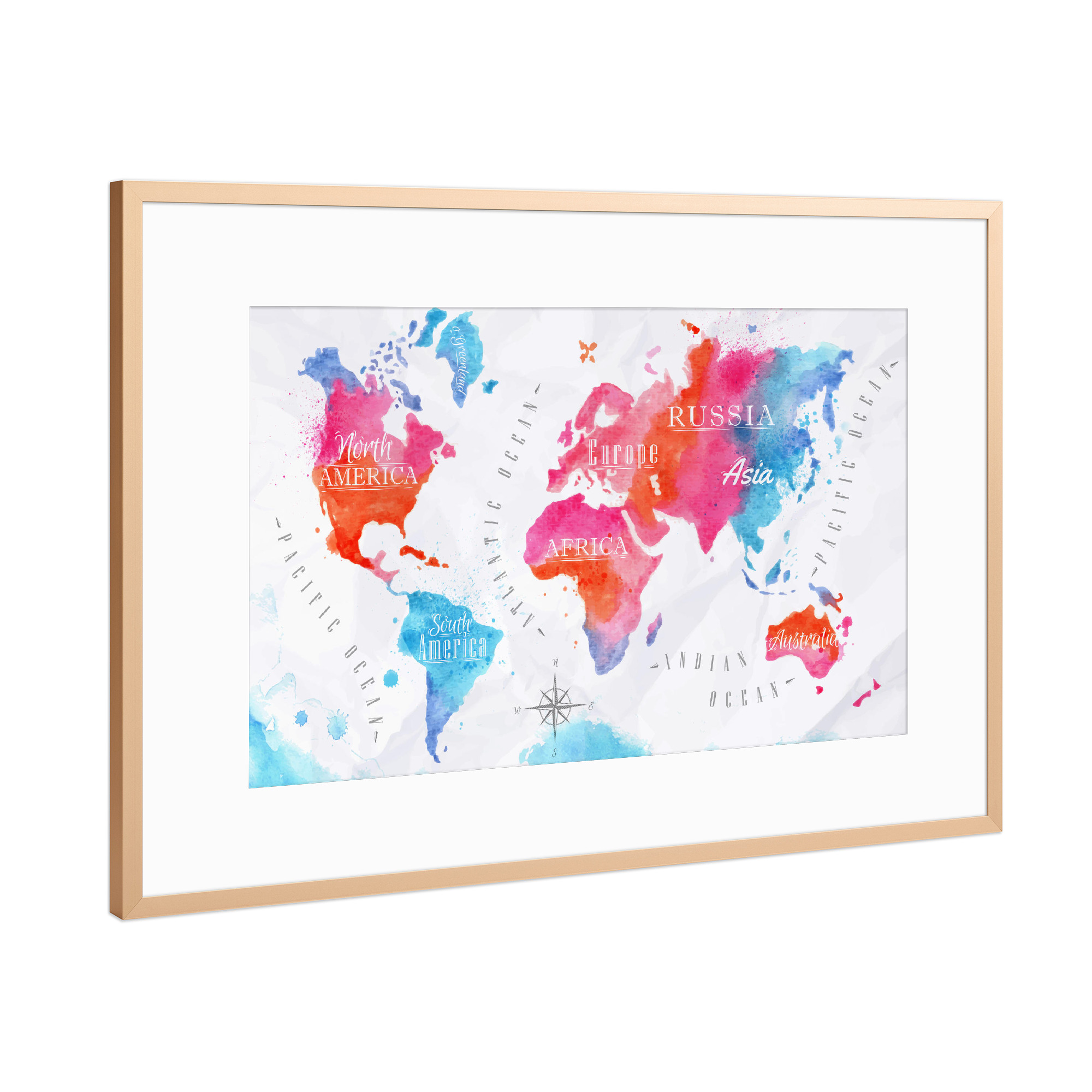 Poster mit Rahmen Kupfer "Aquarell Weltkarte" artboxONE - Retro,Kartografie