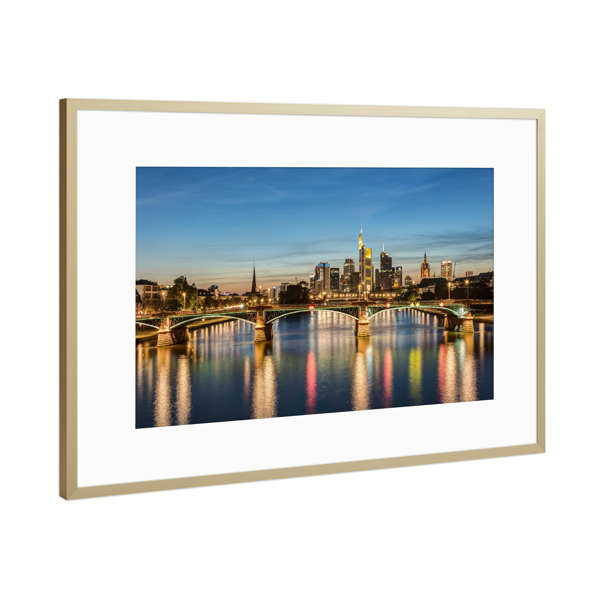 Poster mit Rahmen Gold "Frankfurt Skyline und Ignatz-Bubis-Brücke" artboxONE - Reise,Architektur,Städte / Frankfurt