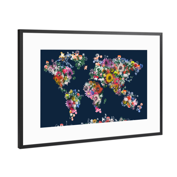 Poster mit Rahmen Schwarz (Metallic) "World map floral 6" artboxONE - Floral,Abstrakt