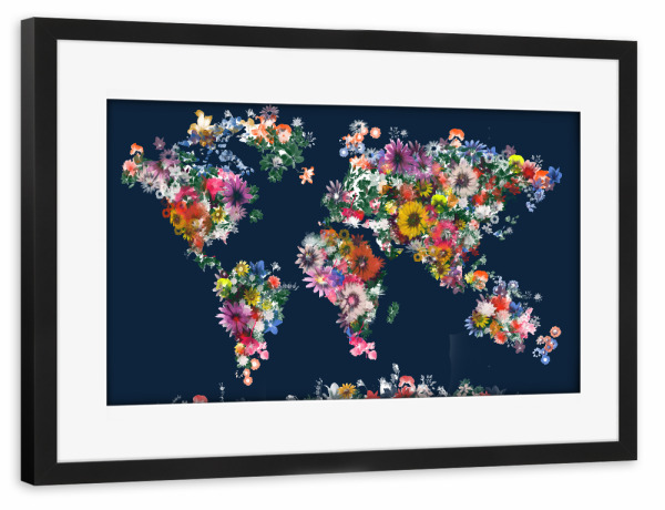 Poster mit Rahmen schwarz "World map floral 6" artboxONE - Floral,Abstrakt