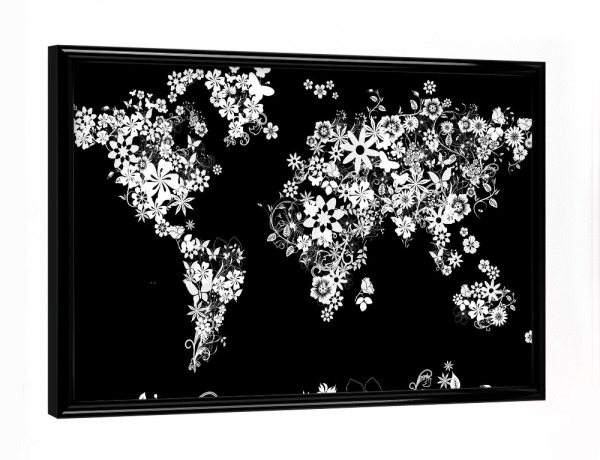 Poster mit schwarzem Rahmen "World map floral 4" artboxONE - Floral,Abstrakt,Schwarzweiß