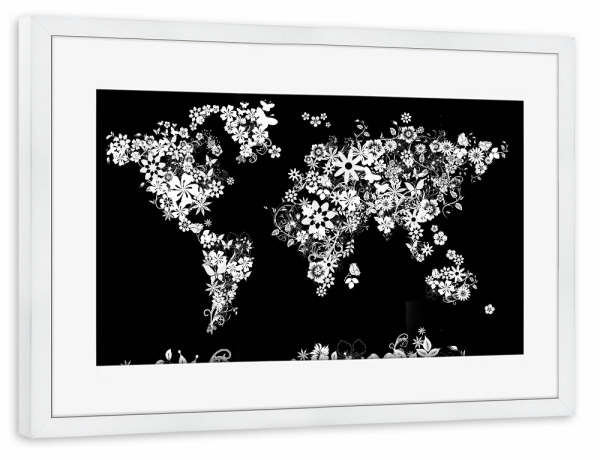 Poster mit Rahmen weiß "World map floral 4" artboxONE - Floral,Abstrakt,Schwarzweiß