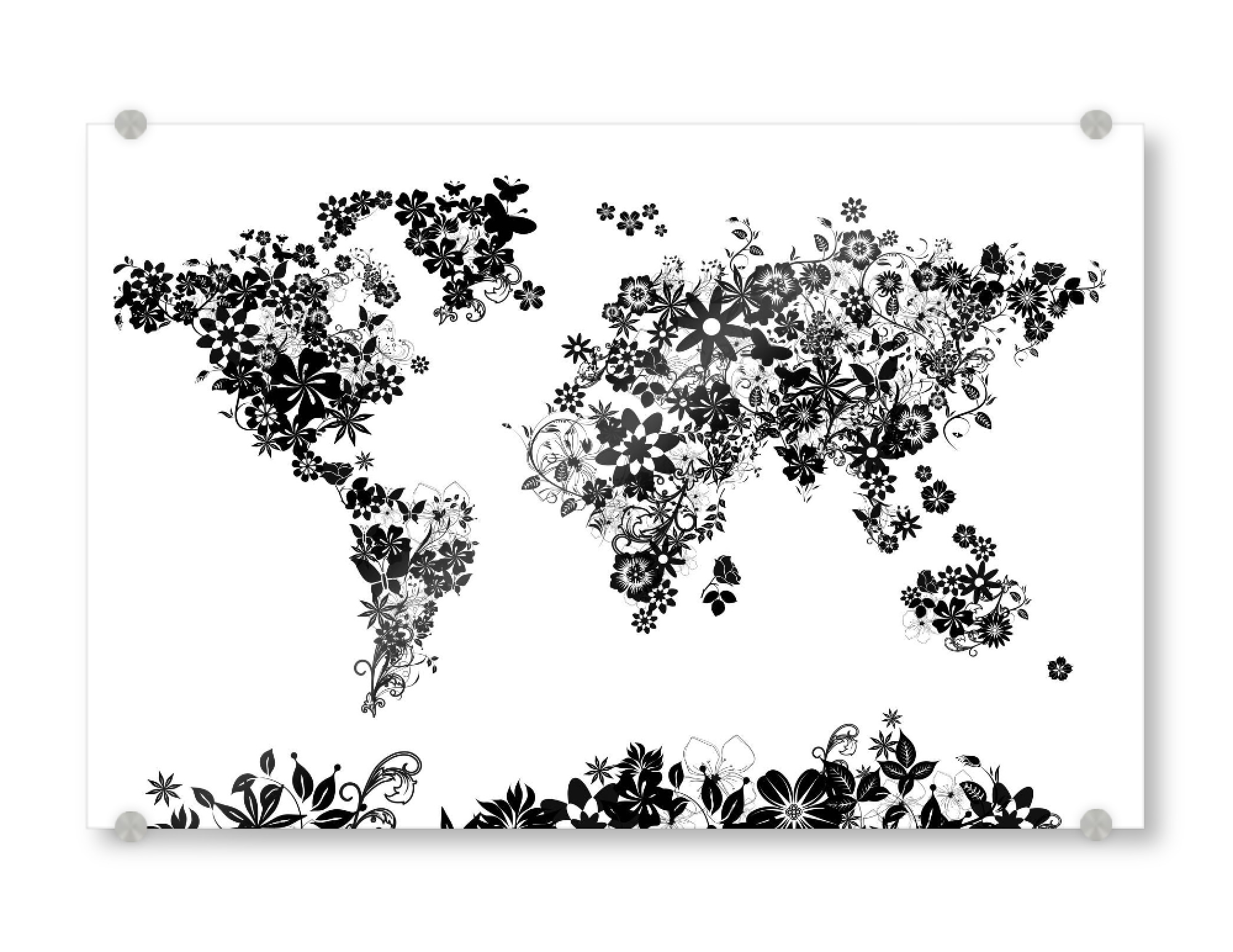 Acrylglasbild "World map floral 3" artboxONE - Floral,Abstrakt,Schwarzweiß,Kartografie
