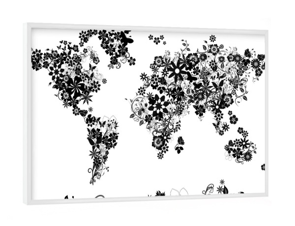 Poster mit weißem Rahmen "World map floral 3" artboxONE - Floral,Abstrakt,Schwarzweiß,Kartografie