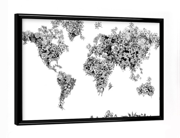 Poster mit schwarzem Rahmen "World map floral 2" artboxONE - Floral,Abstrakt,Schwarzweiß