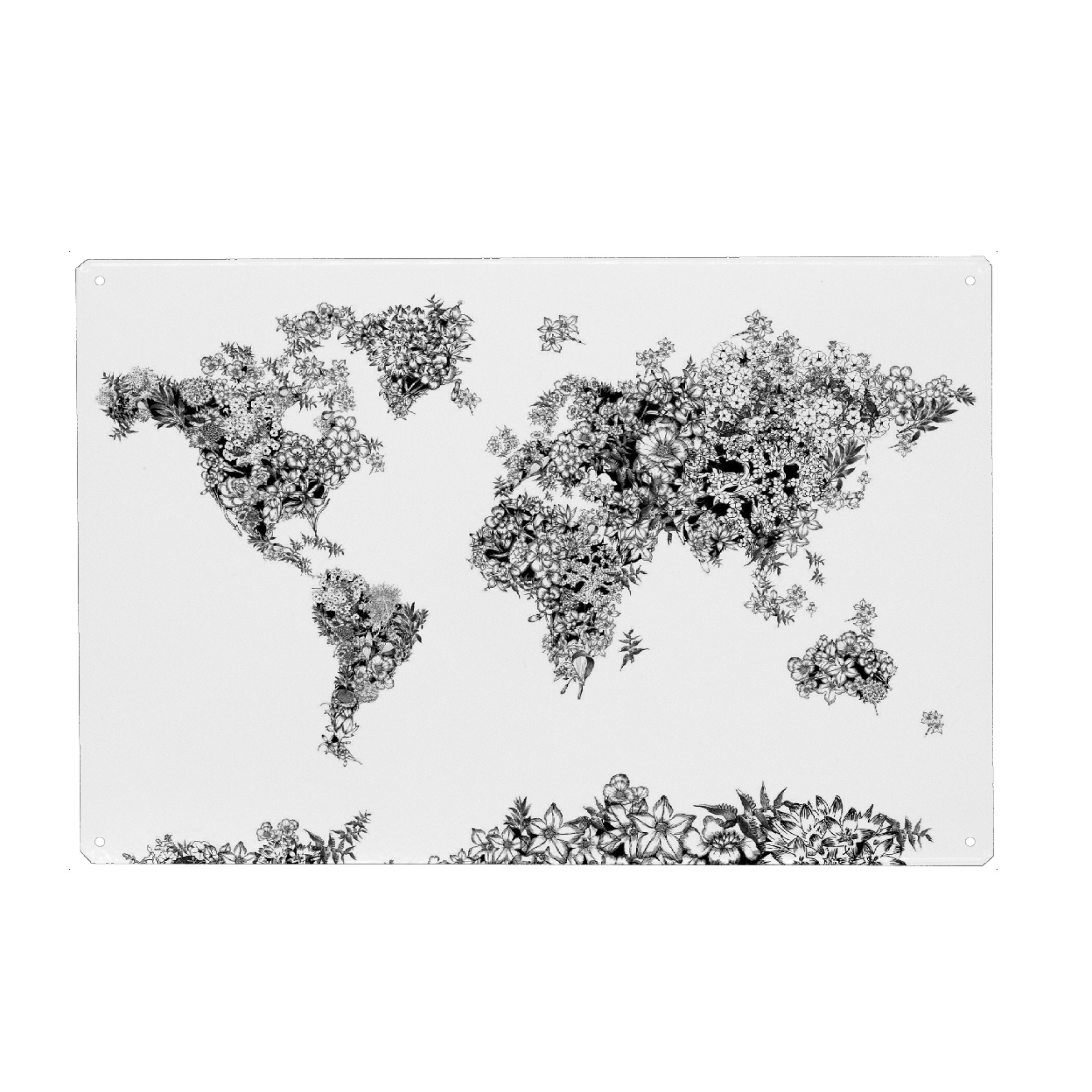 Metall Poster "World map floral 2" artboxONE - Floral,Abstrakt,Schwarzweiß
