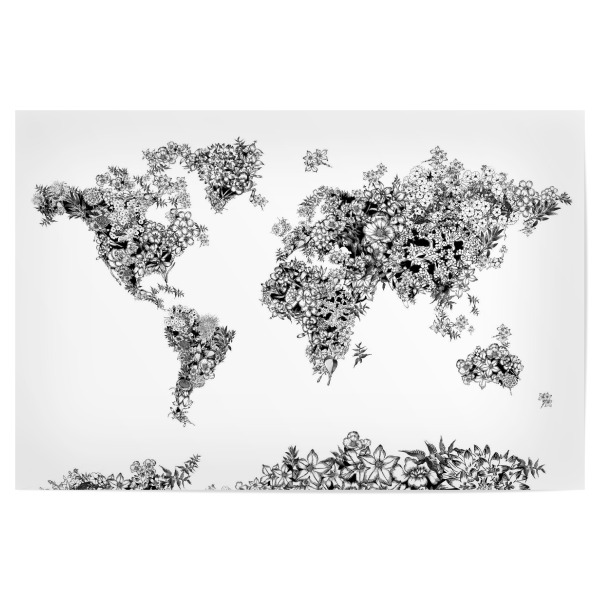 Poster "World map floral 2" artboxONE - Floral,Abstrakt,Schwarzweiß