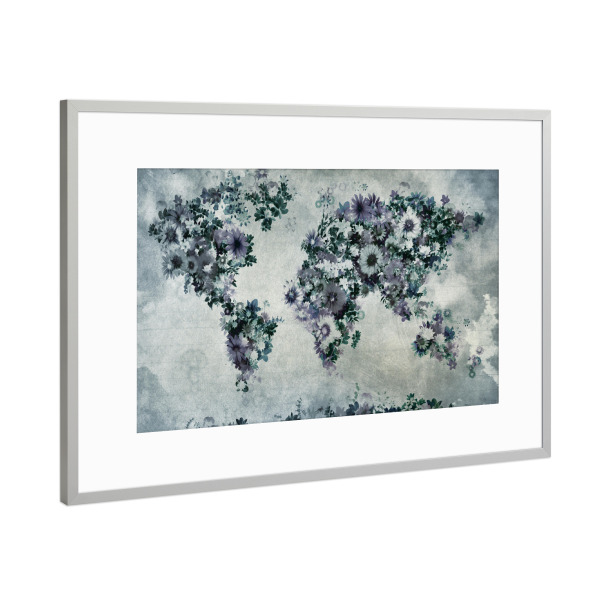 Poster mit Rahmen Silber "World map floral 1" artboxONE - Floral,Abstrakt,Schwarzweiß