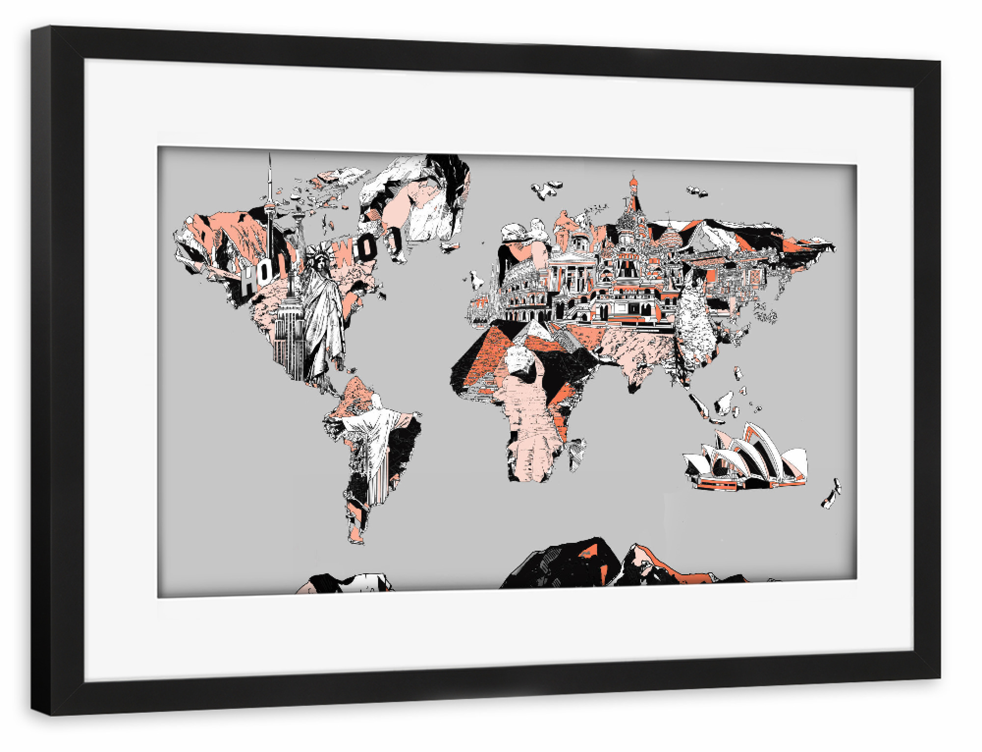 Poster mit Rahmen schwarz "World map landmarks collage 9" artboxONE - Comic,Abstrakt,Schwarzweiß,Kartografie