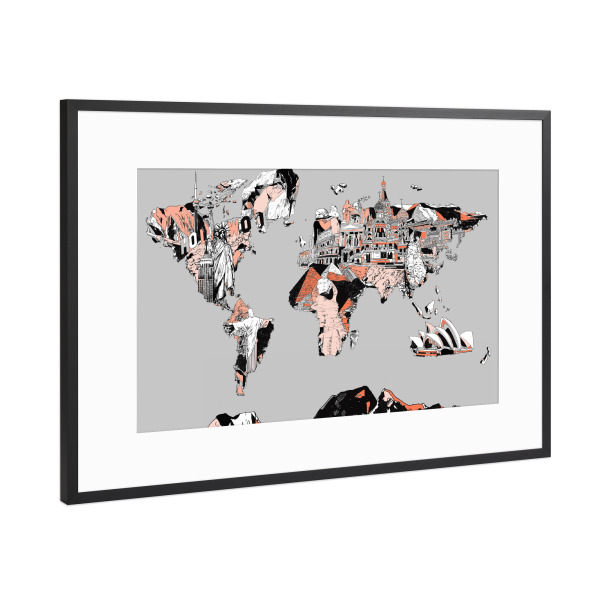 Poster mit Rahmen Schwarz (Metallic) "World map landmarks collage 9" artboxONE - Comic,Abstrakt,Schwarzweiß,Kartografie