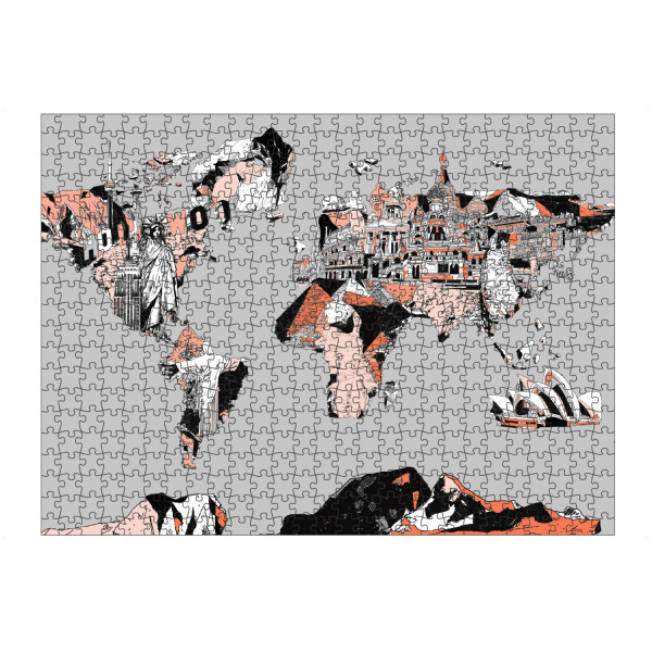 Puzzle Ravensburger "World map landmarks collage 9" artboxONE - Comic,Abstrakt,Schwarzweiß,Kartografie