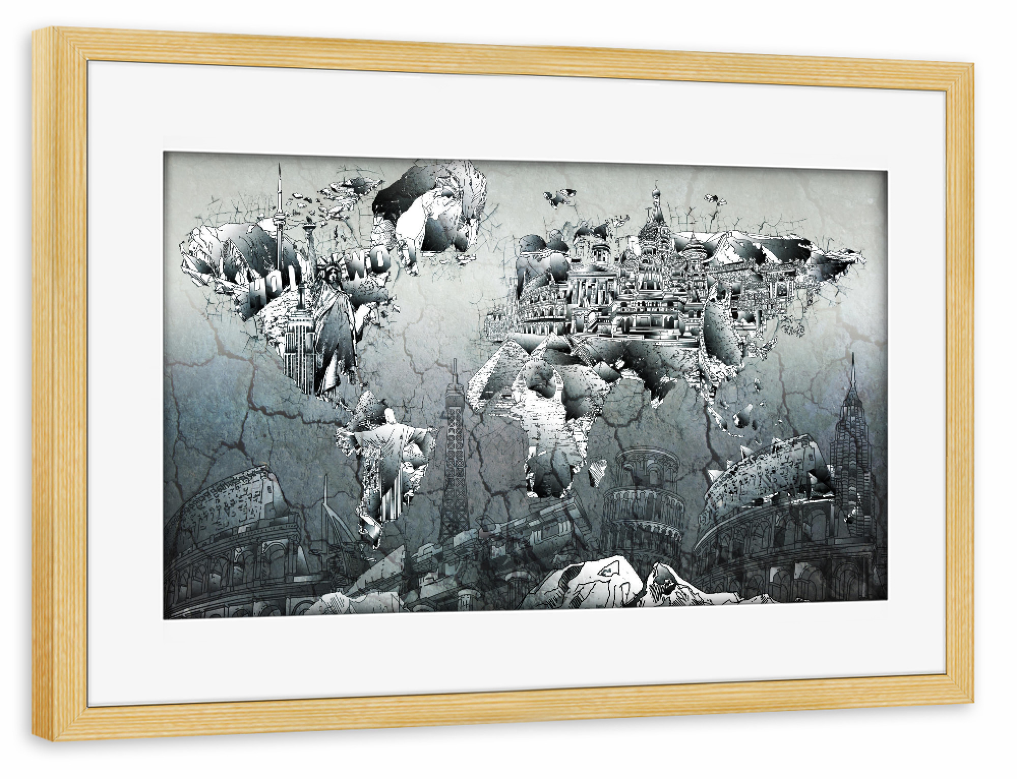 Poster mit Rahmen kiefer "World map landmarks collage 8" artboxONE - Comic,Abstrakt,Schwarzweiß,Kartografie