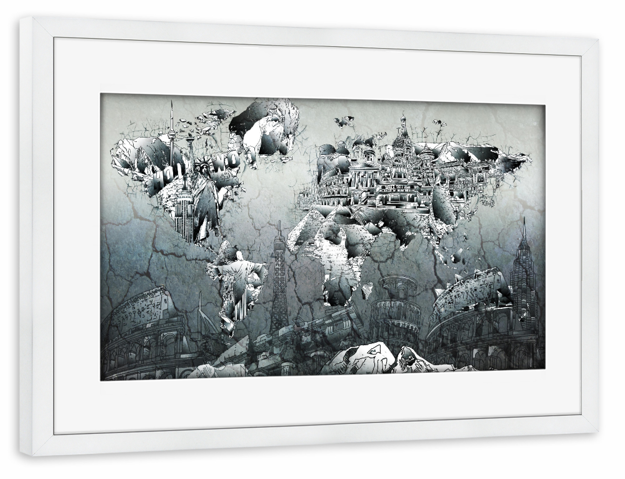 Poster mit Rahmen weiß "World map landmarks collage 8" artboxONE - Comic,Abstrakt,Schwarzweiß,Kartografie