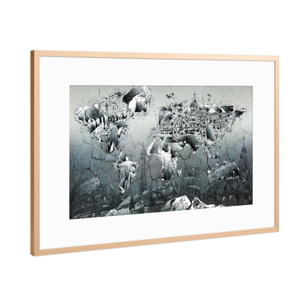 Poster mit Rahmen Kupfer "World map landmarks collage 8" artboxONE - Comic,Abstrakt,Schwarzweiß,Kartografie