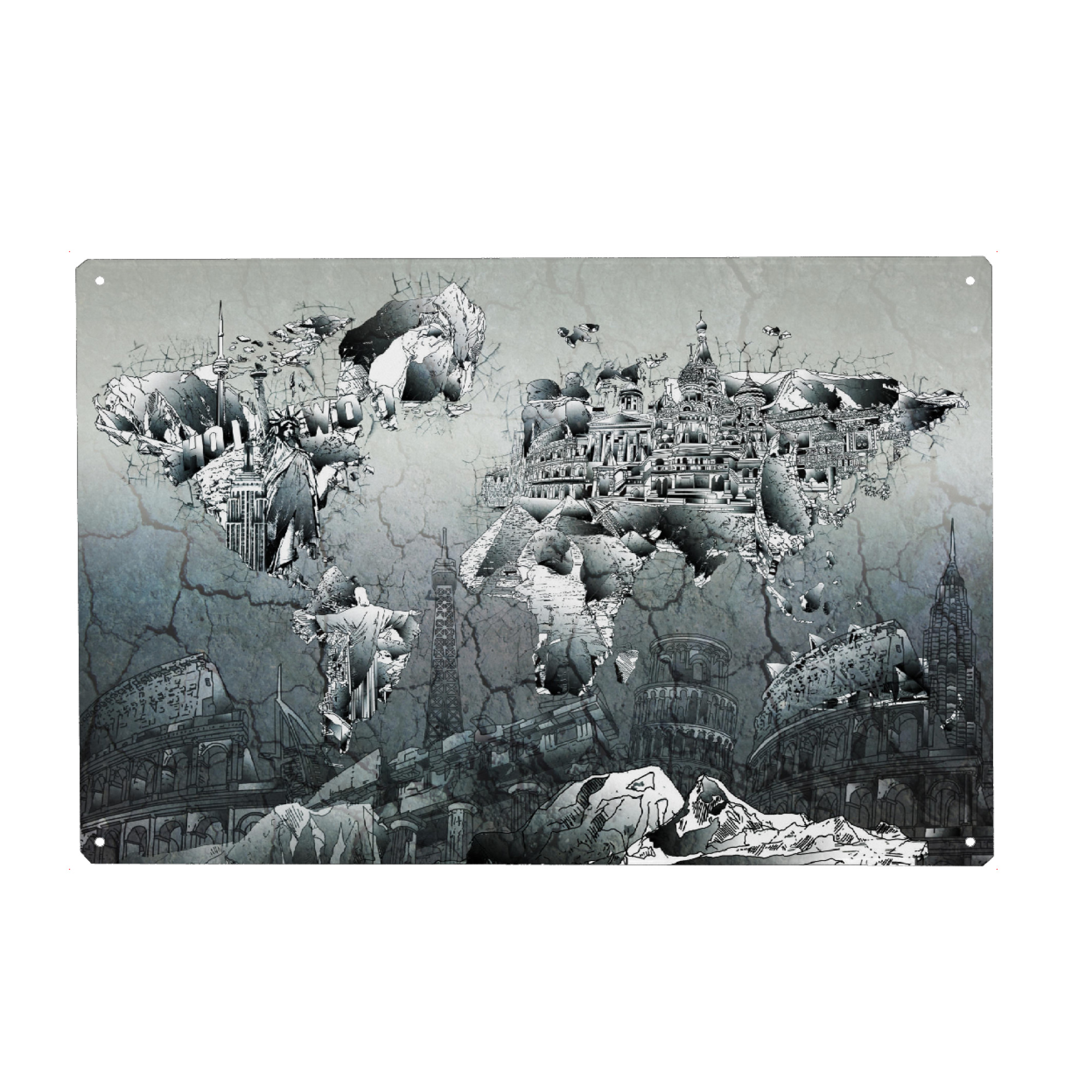 Metall Poster "World map landmarks collage 8" artboxONE - Comic,Abstrakt,Schwarzweiß,Kartografie