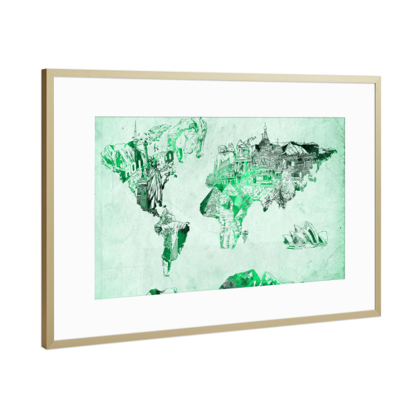 Poster mit Rahmen Gold "World map landmarks collage 7" artboxONE - Comic,Abstrakt