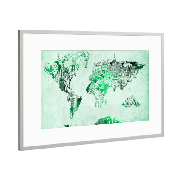 Poster mit Rahmen Silber "World map landmarks collage 7" artboxONE - Comic,Abstrakt