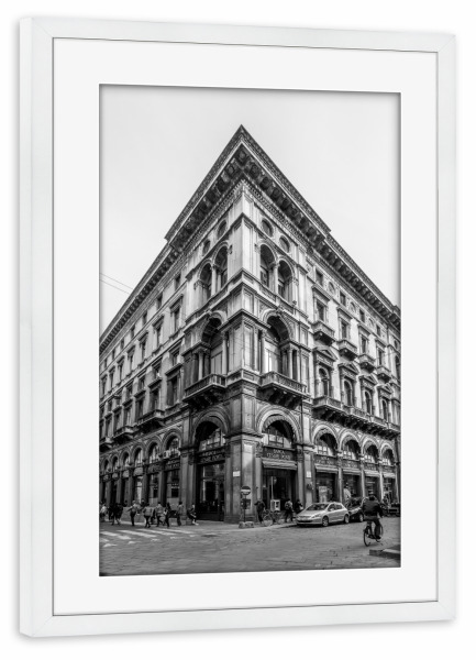 Poster mit Rahmen weiß "Banca Cesare Ponti in Mailand" artboxONE - Reise,Schwarzweiß,Architektur,Städte / Mailand