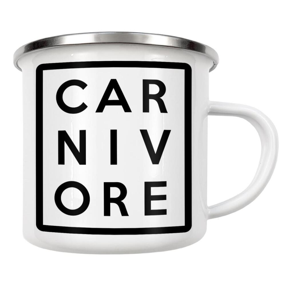 Emaille Tasse "Fleischfresser" artboxONE - Typografie - Fleischfresser,Fleisch,Vegetarier,Gemüse,Essen,Essen