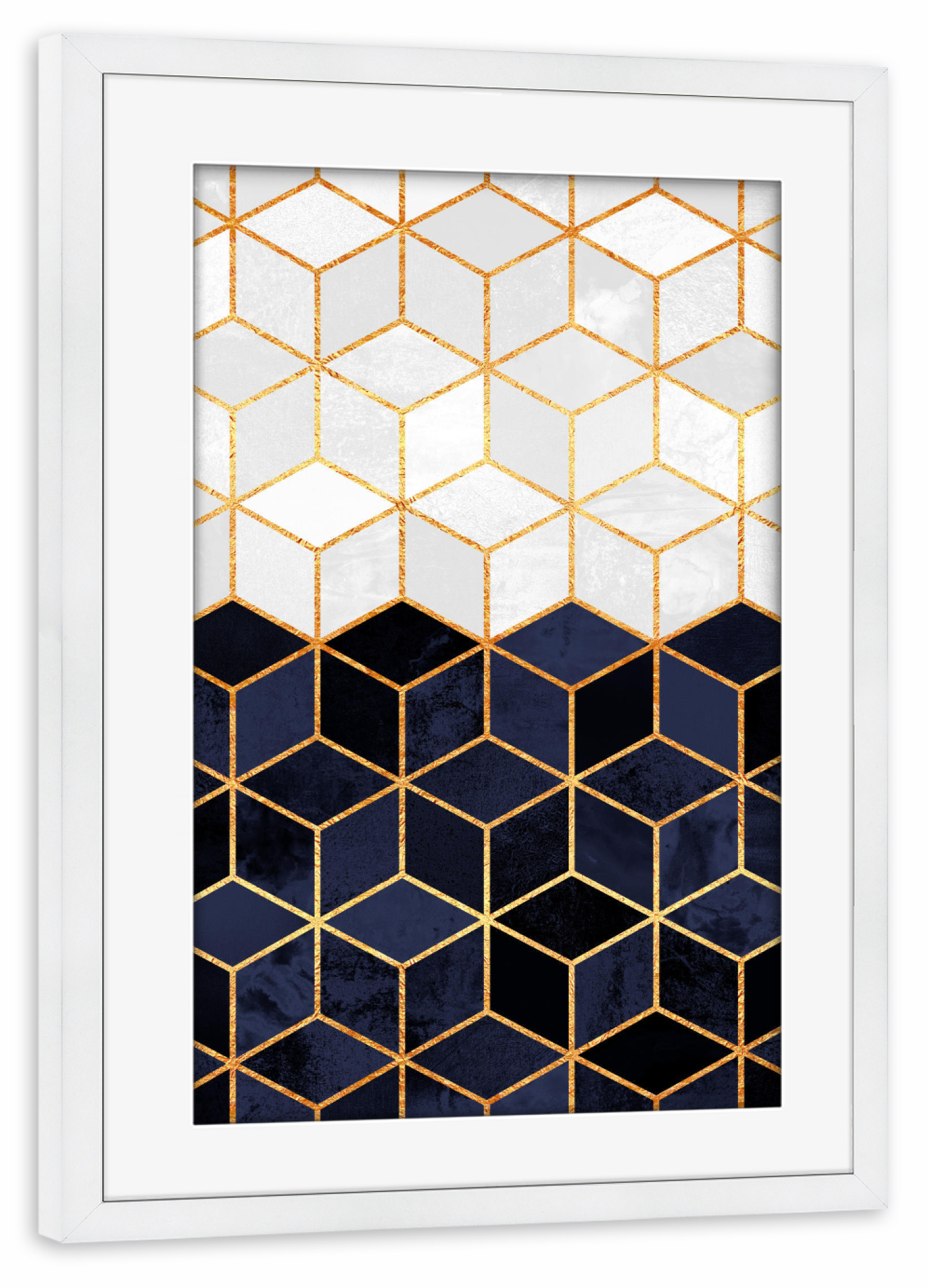 Poster mit Rahmen weiß "White & Navy Cubes" artboxONE - Abstrakt,Geometrie