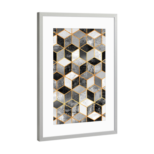 Poster mit Rahmen Silber "Black & White Cubes" artboxONE - Abstrakt,Geometrie - Muster,Würfel,Grau,Gold,Linien,Geometrie